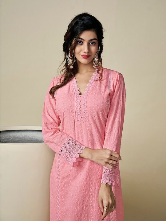 Floral Embroidered V-Neck Chikankari Pure Cotton Kurta with Palazzos - Inddus.com