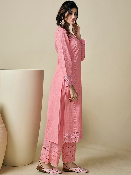 Floral Embroidered V-Neck Chikankari Pure Cotton Kurta with Palazzos - Inddus.com