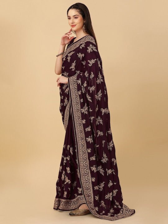 Floral Embroidered Zardozi Satin Saree - Inddus.com