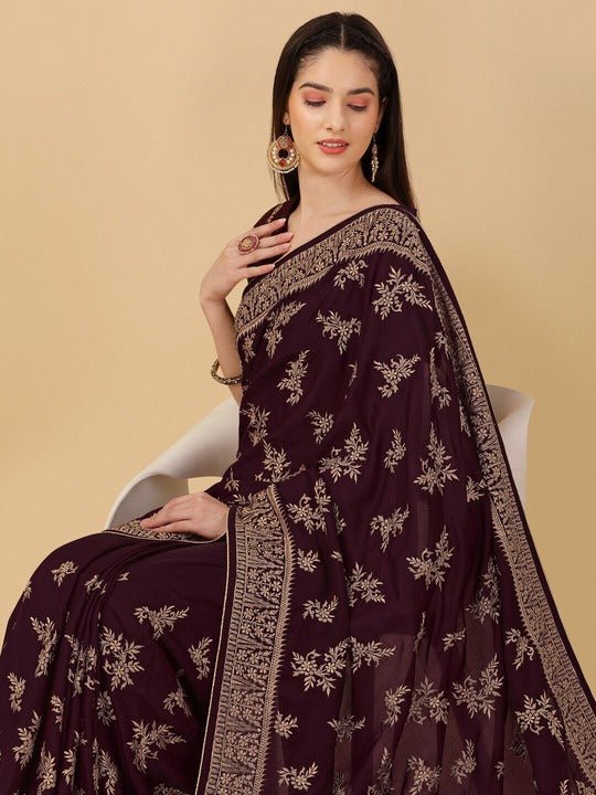 Floral Embroidered Zardozi Satin Saree - Inddus.com