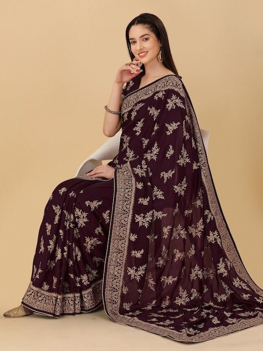 Floral Embroidered Zardozi Satin Saree - Inddus.com