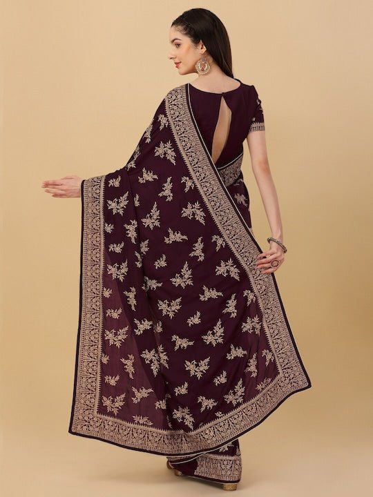 Floral Embroidered Zardozi Satin Saree - Inddus.com