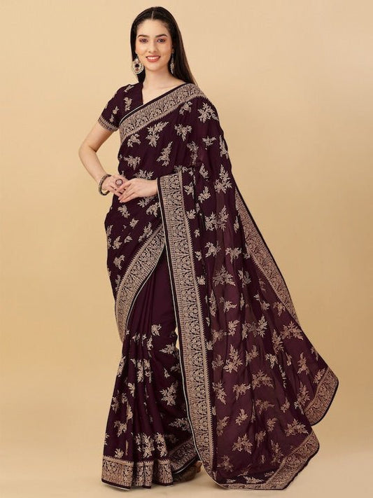 Floral Embroidered Zardozi Satin Saree - Inddus.com