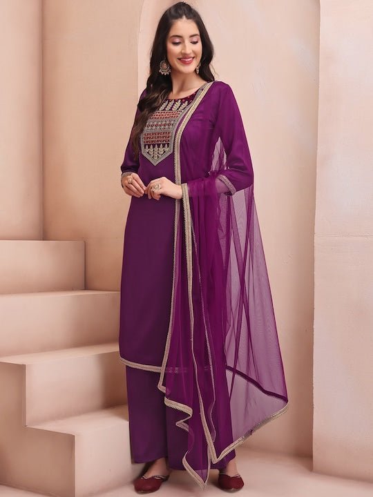 Floral Embroidered Zari Regular Kurta with Palazzos & Dupatta - Inddus.com