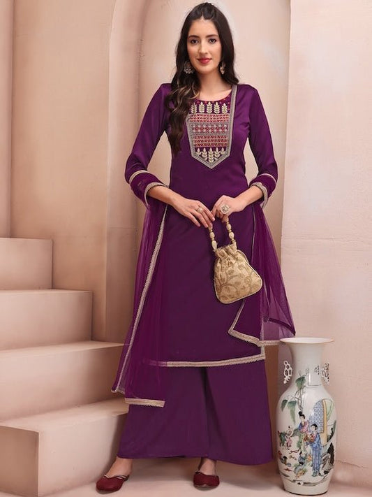 Floral Embroidered Zari Regular Kurta with Palazzos & Dupatta - Inddus.com