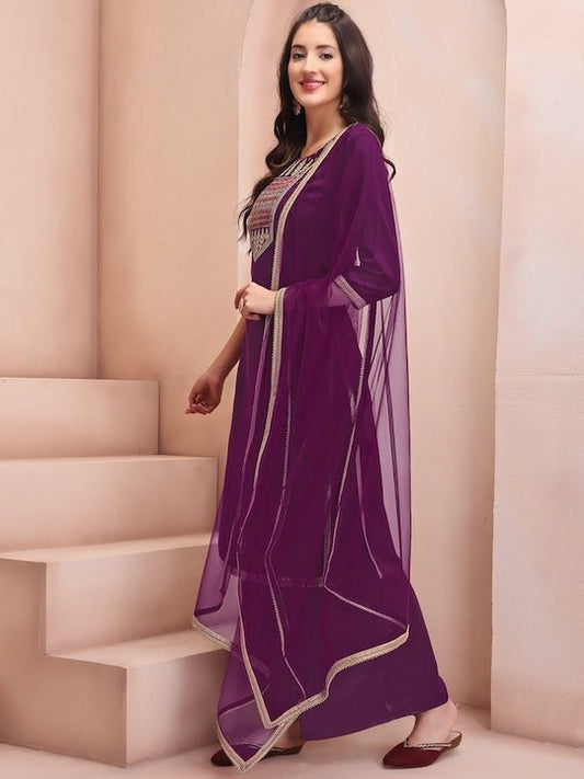 Floral Embroidered Zari Regular Kurta with Palazzos & Dupatta - Inddus.com