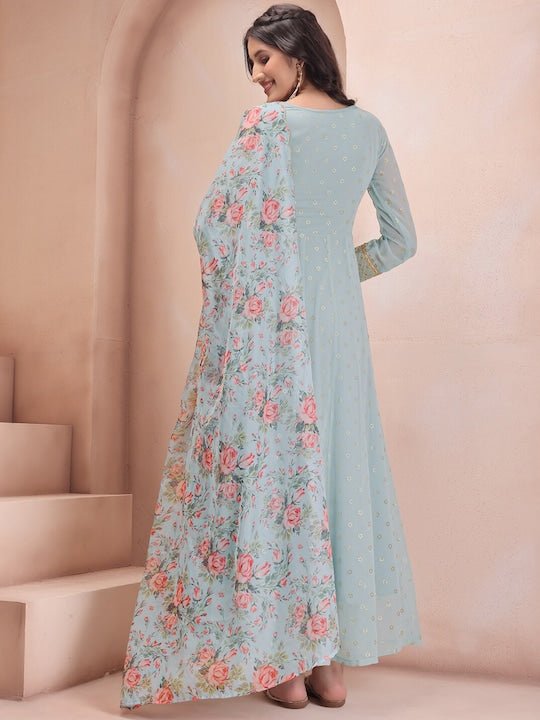 Floral Foil Printed Fit & Flare Ethnic Dress With Dupatta - Inddus.com