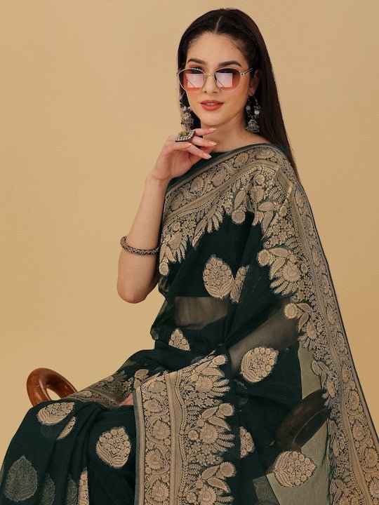 Floral Motif Woven Design Zari Organza Saree - Inddus.com