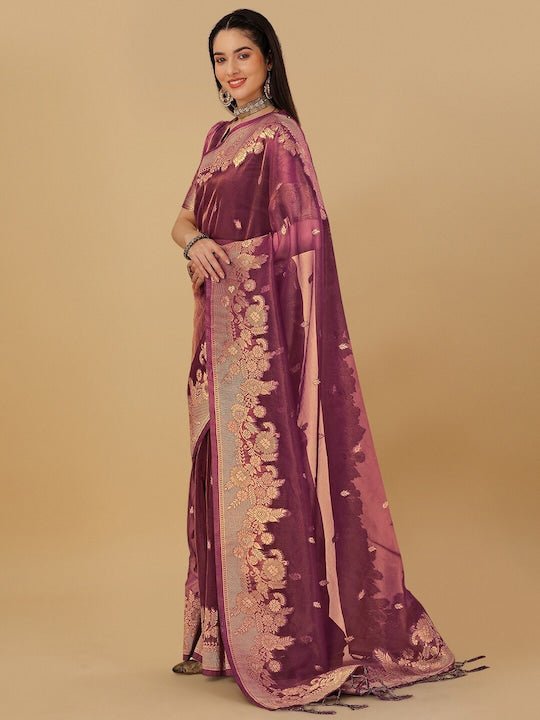 Floral Motif Woven Design Zari Organza Saree - Inddus.com