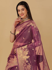 Floral Motif Woven Design Zari Organza Saree - Inddus.com