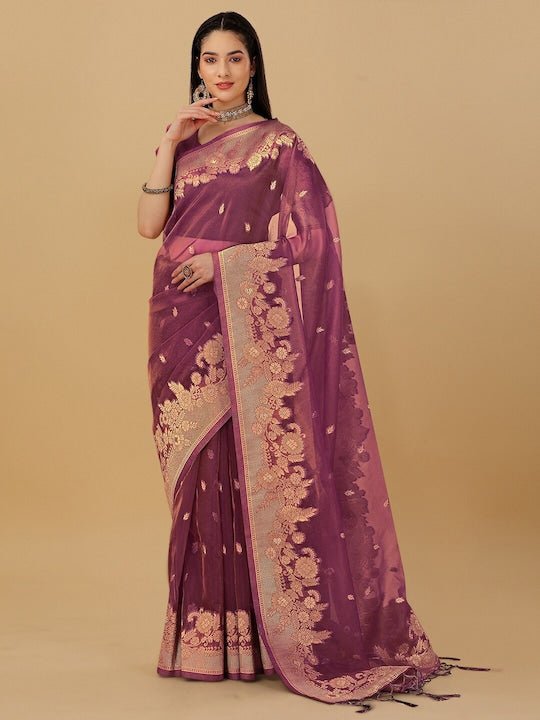 Floral Motif Woven Design Zari Organza Saree - Inddus.com