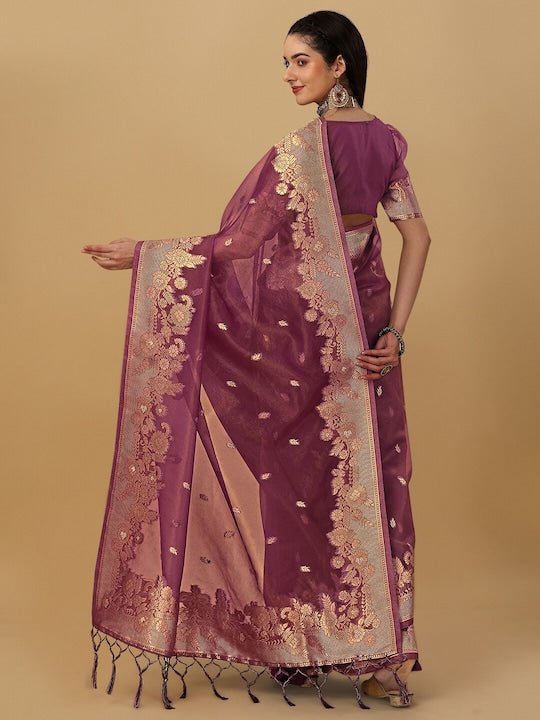 Floral Motif Woven Design Zari Organza Saree - Inddus.com