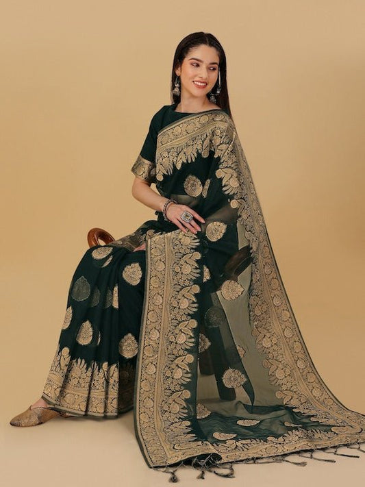 Floral Motif Woven Design Zari Organza Saree - Inddus.com