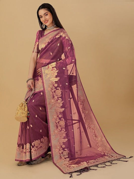 Floral Motif Woven Design Zari Organza Saree - Inddus.com