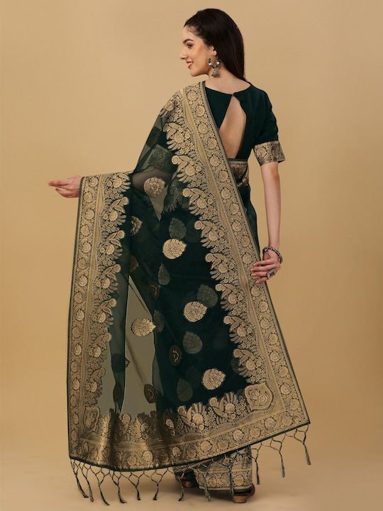 Floral Motif Woven Design Zari Organza Saree - Inddus.com