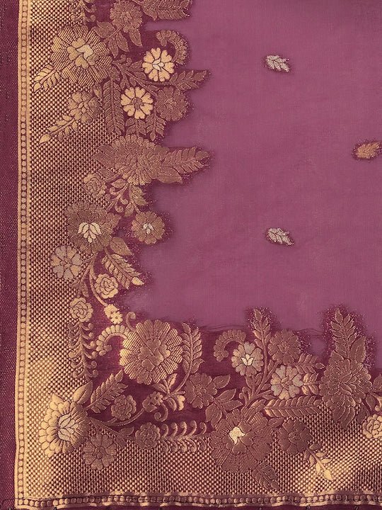 Floral Motif Woven Design Zari Organza Saree - Inddus.com