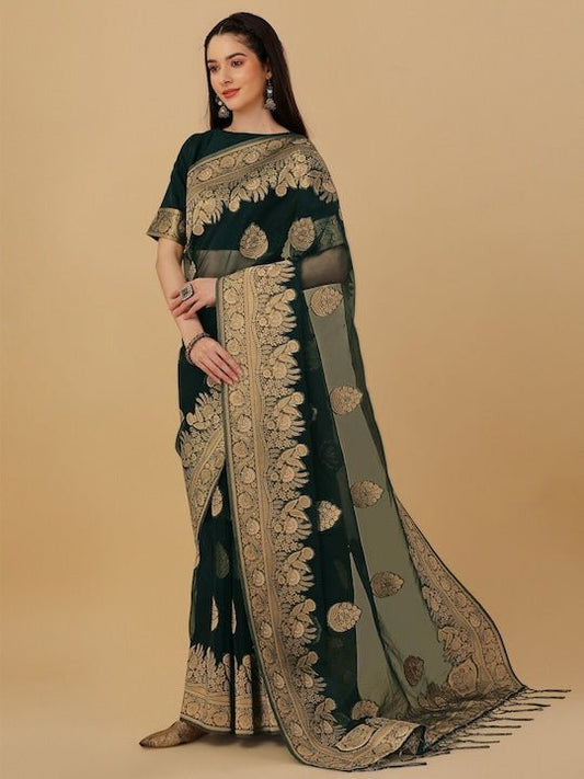 Floral Motif Woven Design Zari Organza Saree - Inddus.com