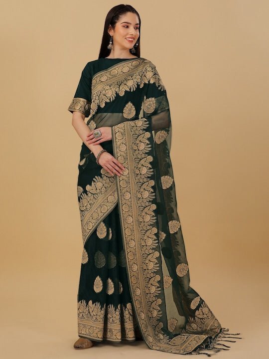 Floral Motif Woven Design Zari Organza Saree - Inddus.com