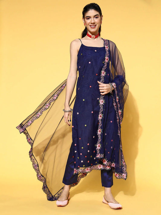 Floral Net Nuovo Sleeves Kurta Set - Inddus.com