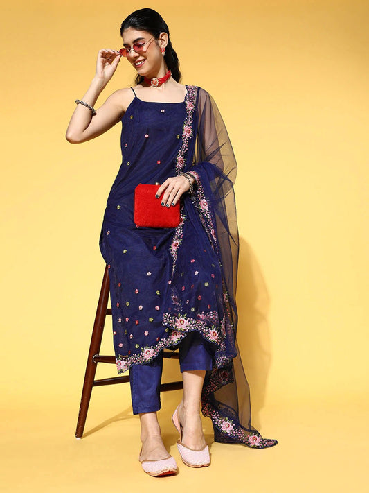 Floral Net Nuovo Sleeves Kurta Set - Inddus.com