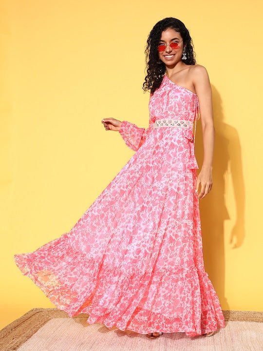 Floral One Shoulder Belted Chiffon Maxi Dress - Inddus.com