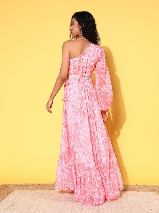 Floral One Shoulder Belted Chiffon Maxi Dress - Inddus.com