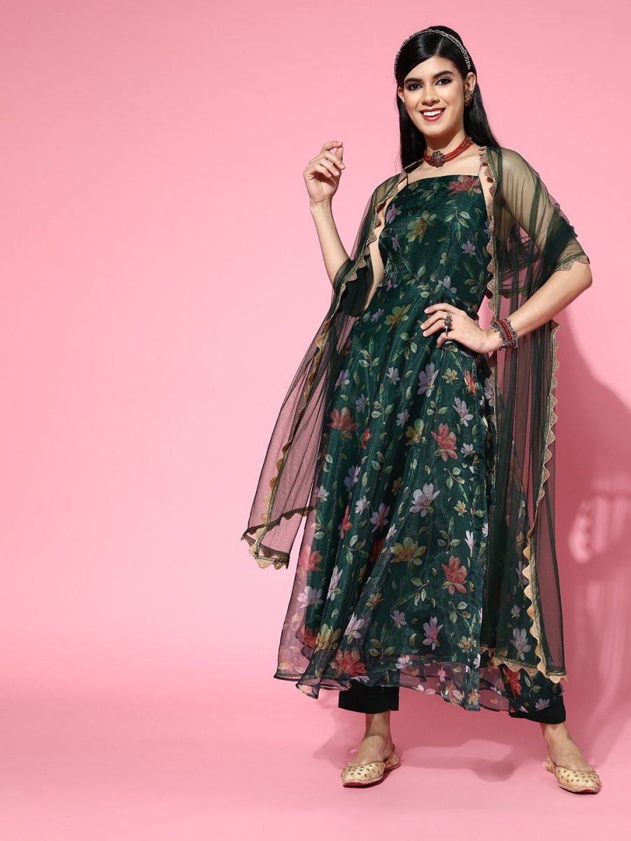 Floral Organza Scalloped Edge Kurta Set - Inddus.com