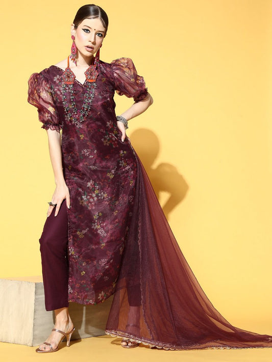 Floral Organza Scalloped Edge Kurta Set - Inddus.com