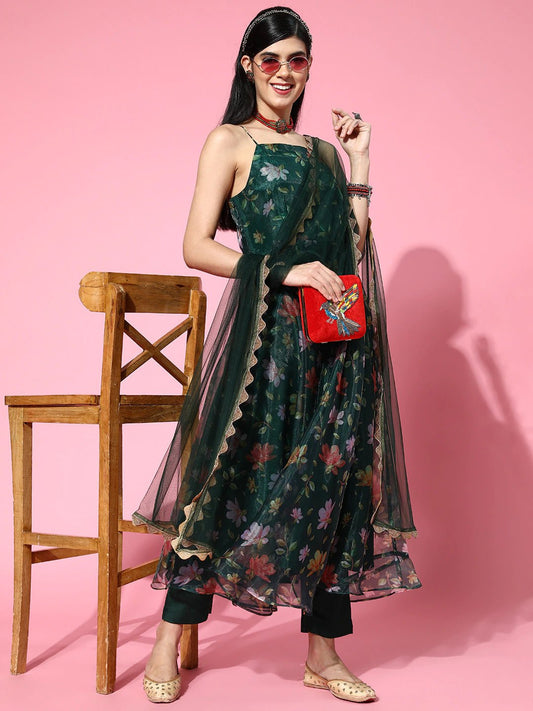 Floral Organza Scalloped Edge Kurta Set - Inddus.com