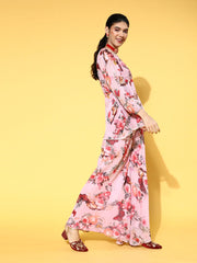 Floral Poly Chiffon Draped Luxe Kurta Set - Inddus.com