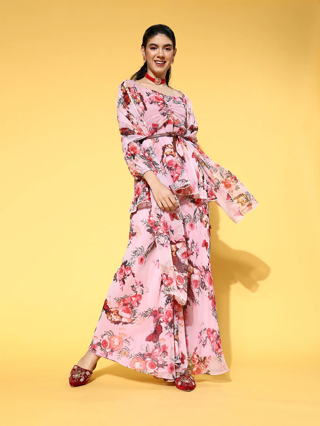 Floral Poly Chiffon Draped Luxe Kurta Set - Inddus.com