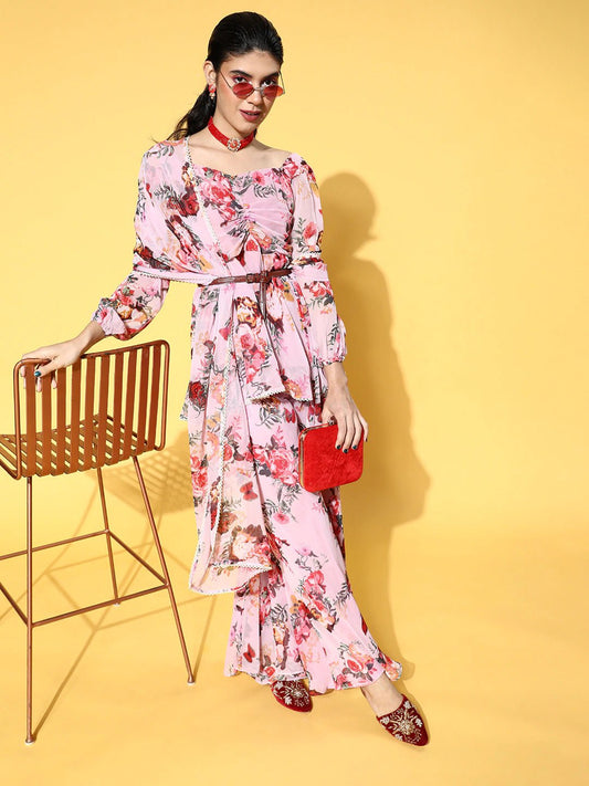 Floral Poly Chiffon Draped Luxe Kurta Set - Inddus.com