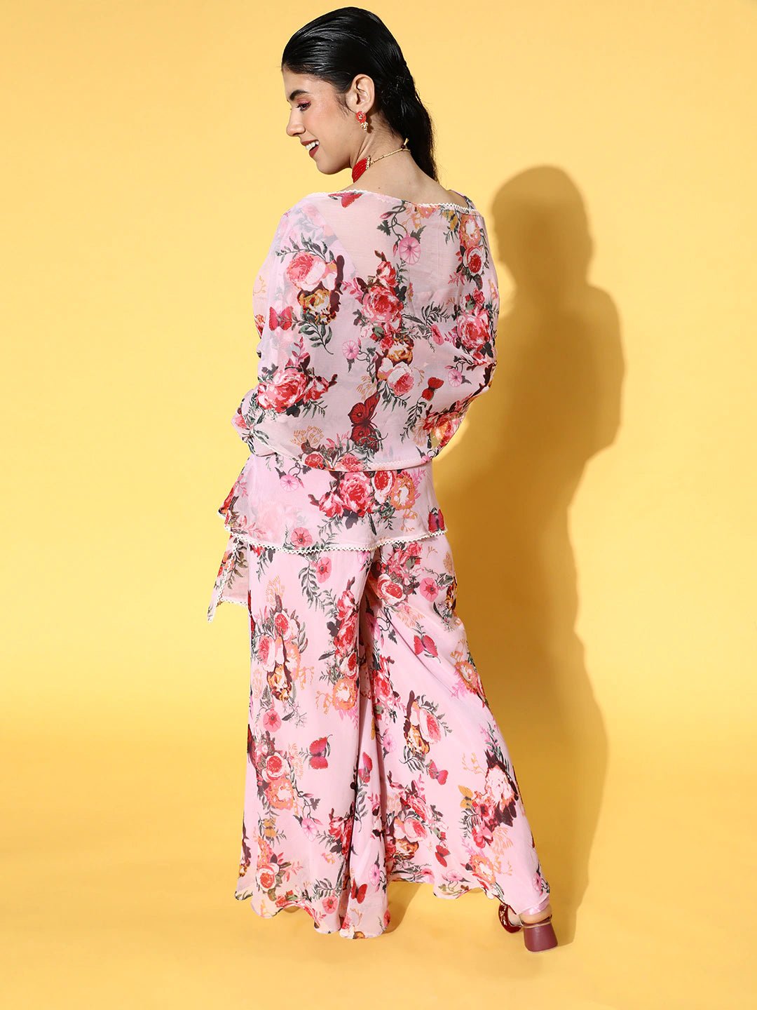 Floral Poly Chiffon Draped Luxe Kurta Set - Inddus.com