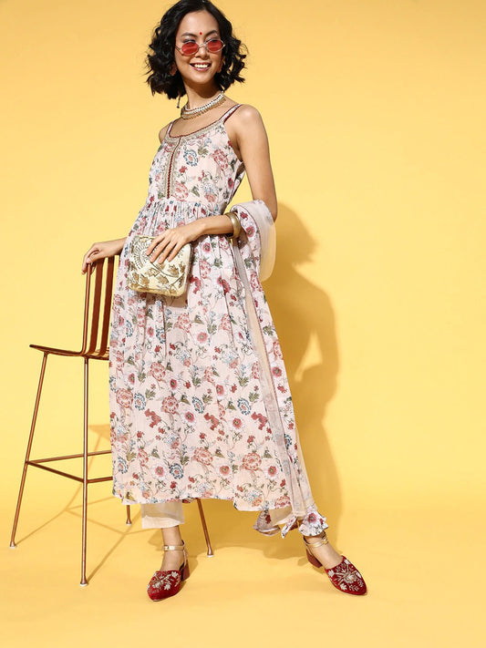 Floral Poly Chiffon New Neckline Kurta Set - Inddus.com