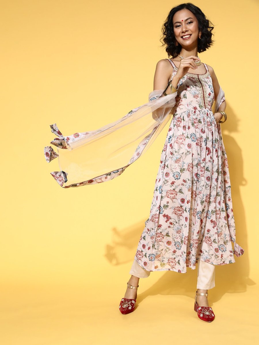 Floral Poly Chiffon New Neckline Kurta Set - Inddus.com