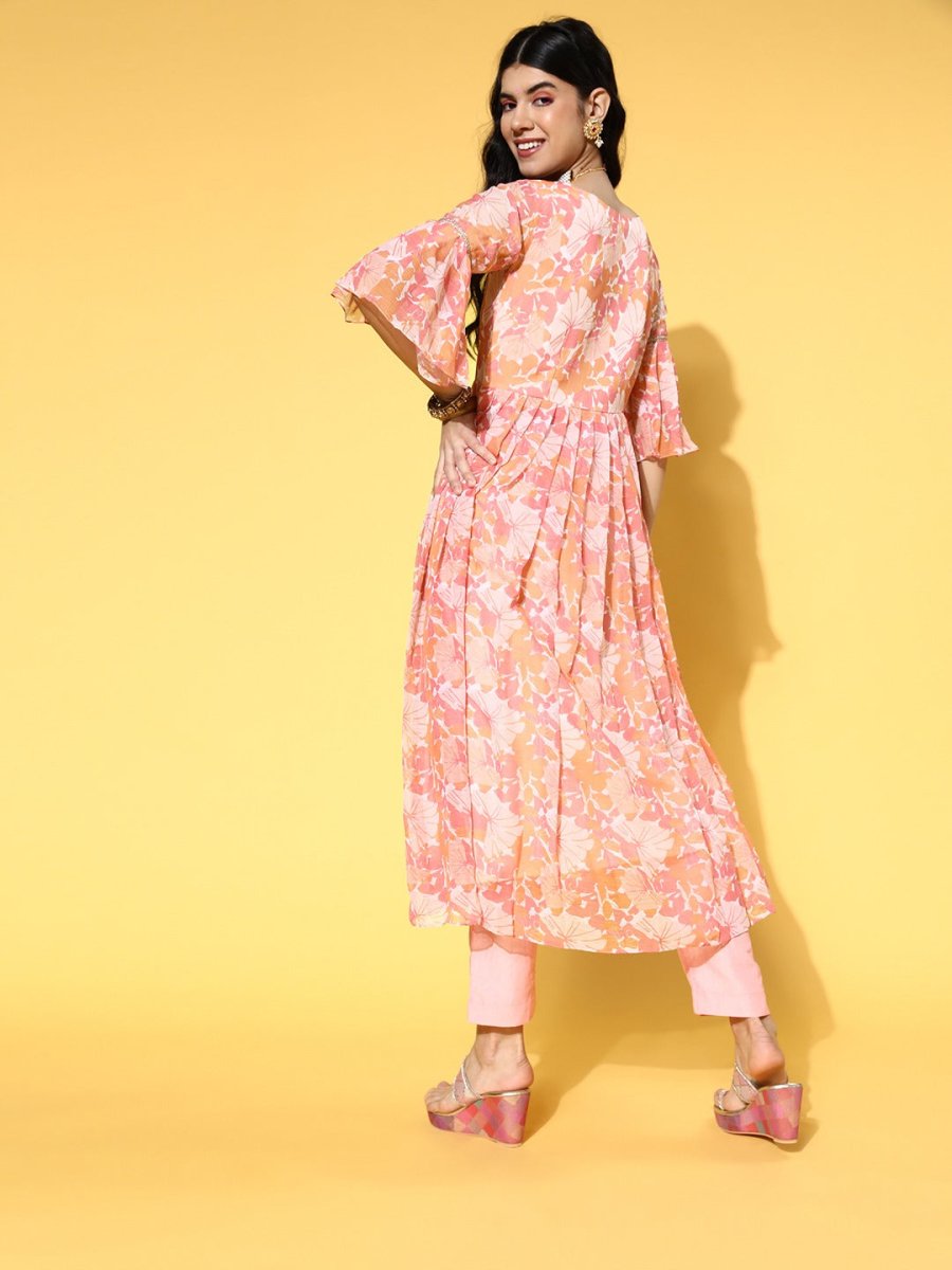 Floral Poly Chiffon Nuovo Sleeves Kurta Set - Inddus.com