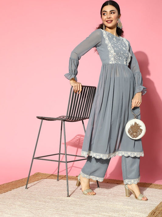 Floral Poly-Georgette Scalloped Edge Kurta Set - Inddus.com