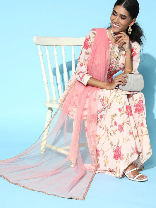 Floral Poly Georgette Scalloped Edge Kurta Set - Inddus.com