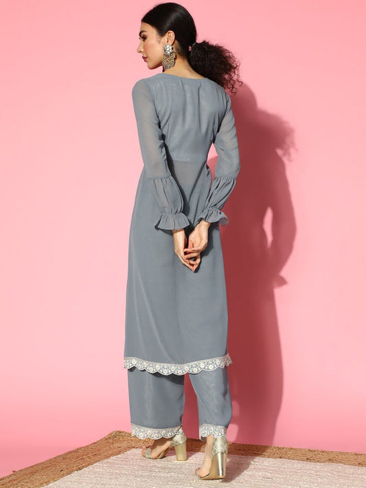 Floral Poly-Georgette Scalloped Edge Kurta Set - Inddus.com