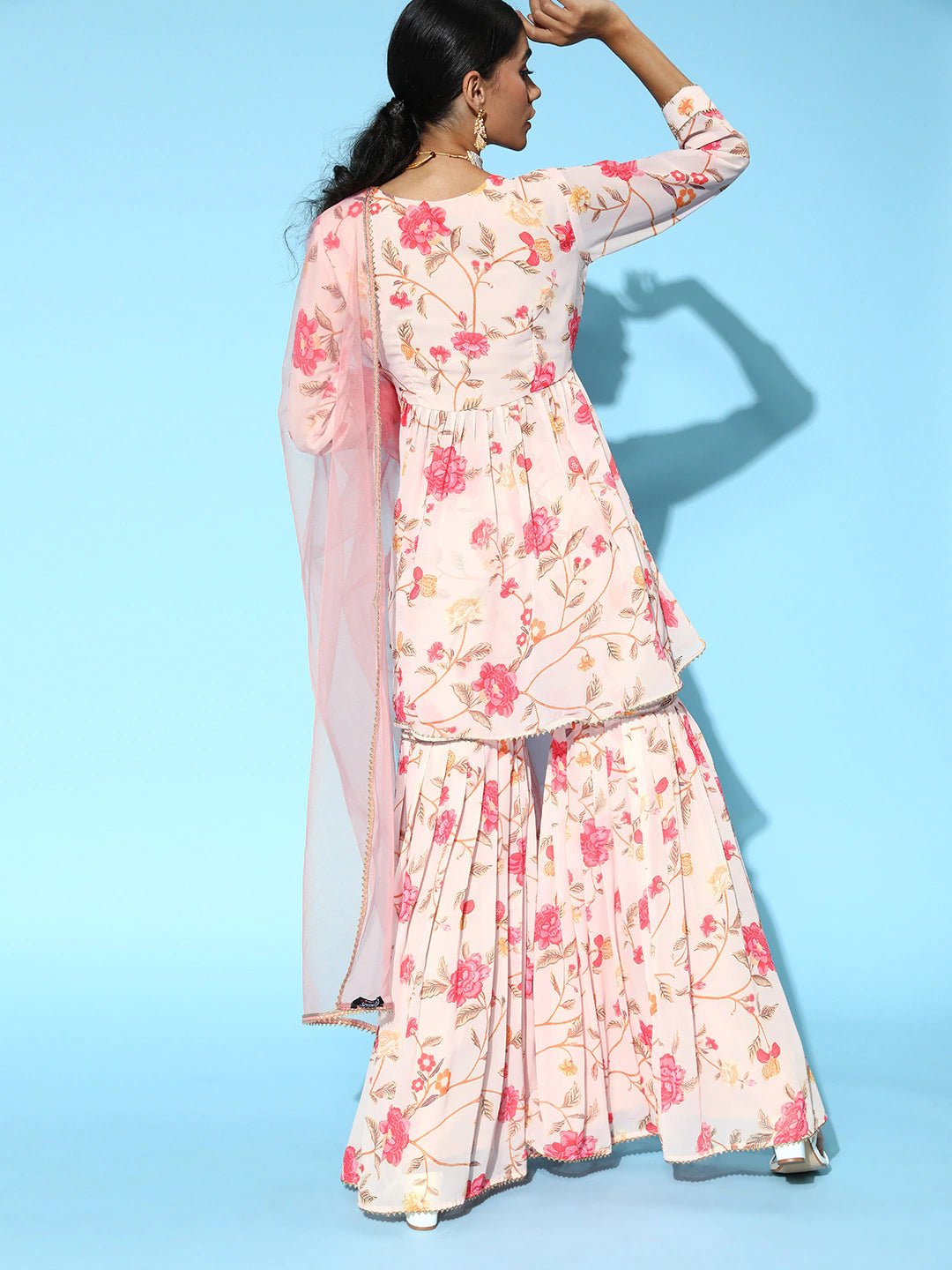 Floral Poly Georgette Scalloped Edge Kurta Set - Inddus.com