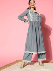 Floral Poly-Georgette Scalloped Edge Kurta Set - Inddus.com