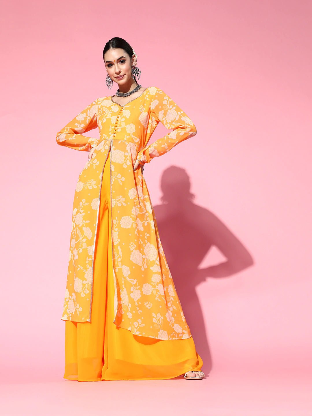 Floral Poly-Georgette Sweetheart Neck Kurta Set - Inddus.com