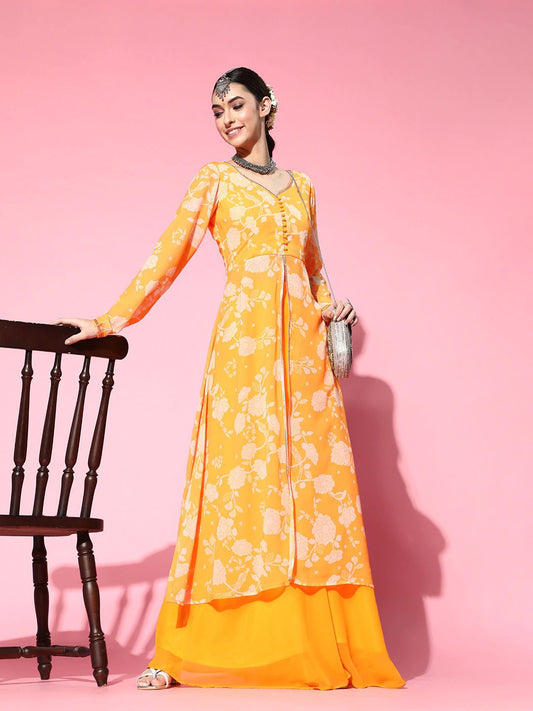 Floral Poly-Georgette Sweetheart Neck Kurta Set - Inddus.com