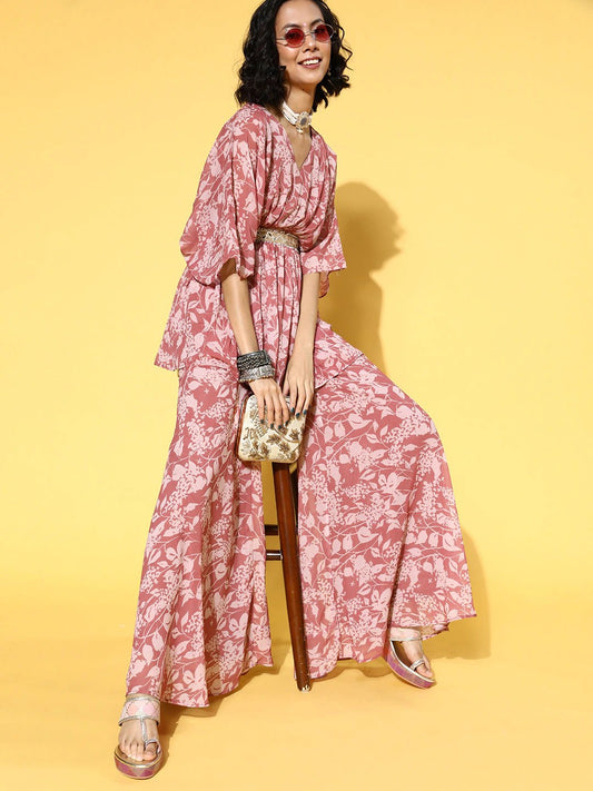 Floral Poly Georgette Swirling Volume Kurta Set - Inddus.com