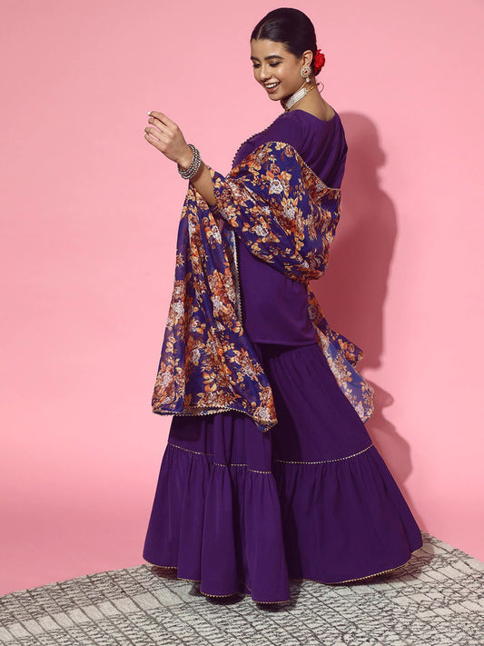 Floral Polyester Scalloped Edge Kurta Set - Inddus.com