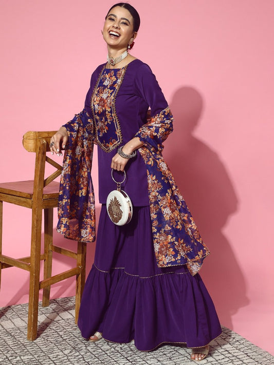 Floral Polyester Scalloped Edge Kurta Set - Inddus.com