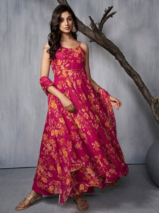 Floral Printed AnarkLI Kurta with Trousers & Dupatta - Inddus.com