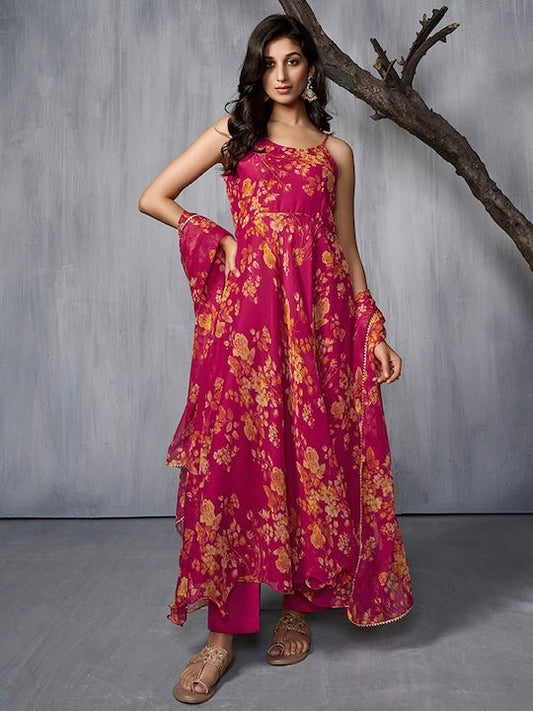 Floral Printed AnarkLI Kurta with Trousers & Dupatta - Inddus.com