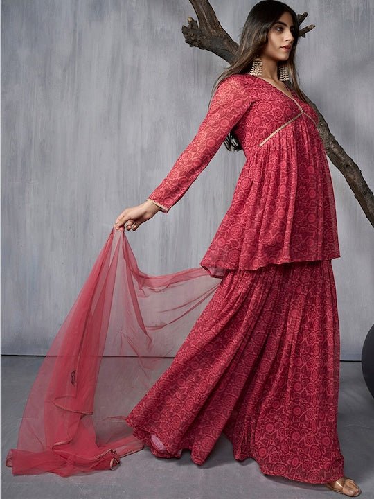 Floral Printed Empire Gotta Patti Kurta With Sharara & Dupatta - Inddus.com