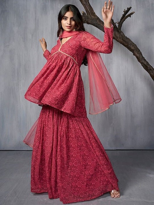 Floral Printed Empire Gotta Patti Kurta With Sharara & Dupatta - Inddus.com